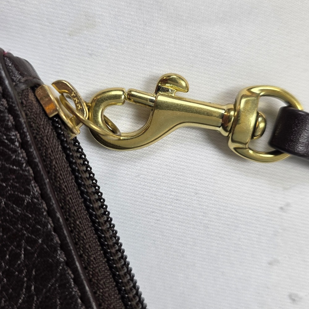 Coach Burgundy Brown Navy Gold Leather Colorblock Wristlet Pouch Zip Top Bag - Picture 4 of 9